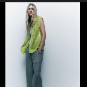 Zara Lime Green Open-Knit Crochet Sweater Vest Coverd Buttons